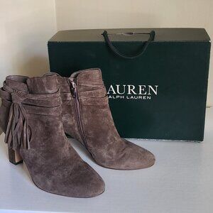 Ralph Lauren Belicia Taupe Kidsuede Fringe Bootie 8.5